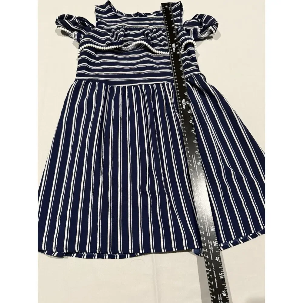 Wonder Nation Girls M (7-8) Blue White Striped Fit & Flare Ruffle Sleeve Dress